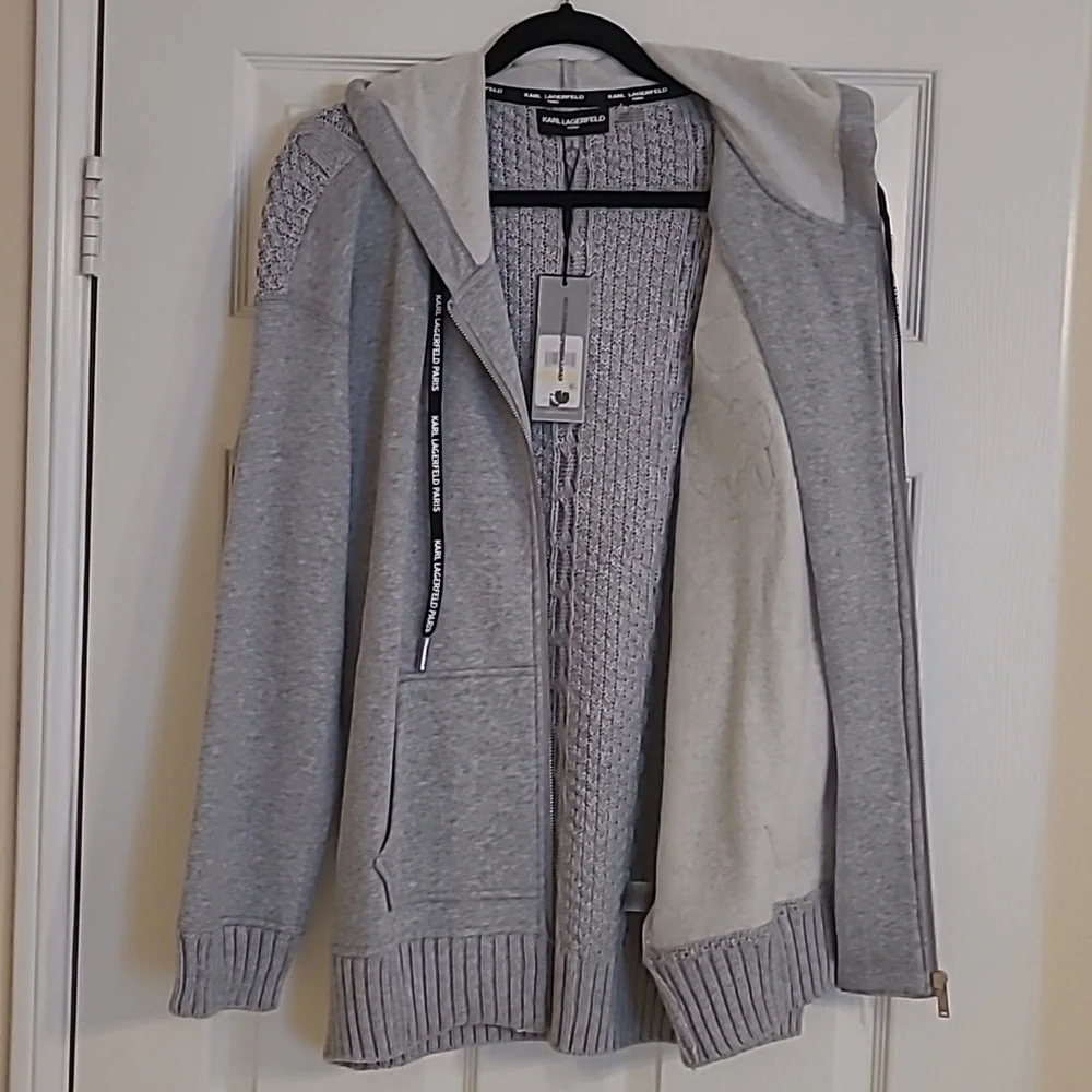 NWT Karl Lagerfeld Gray Hooded Sweater Jacket with Patches Size M - Picture 10 of 10